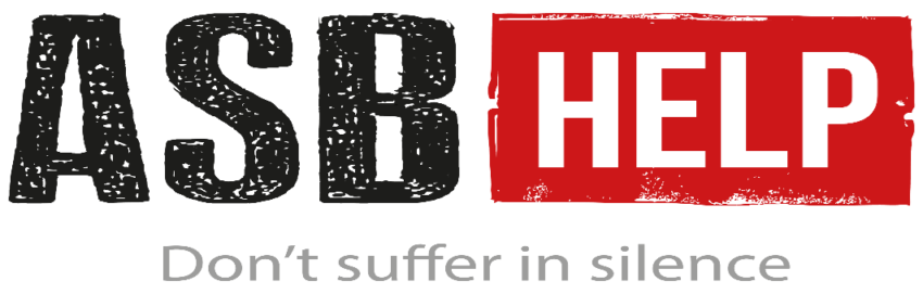 ASB HELP logo. A white background with ASB in a bold black sketch font. Help is in a white font on a red background. Don't suffer in silence is under this text in grey