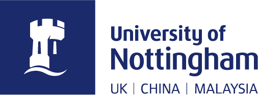University of Nottingham logo in blue text on a white background. To the left of the text is a white castle outline on a navy background.
