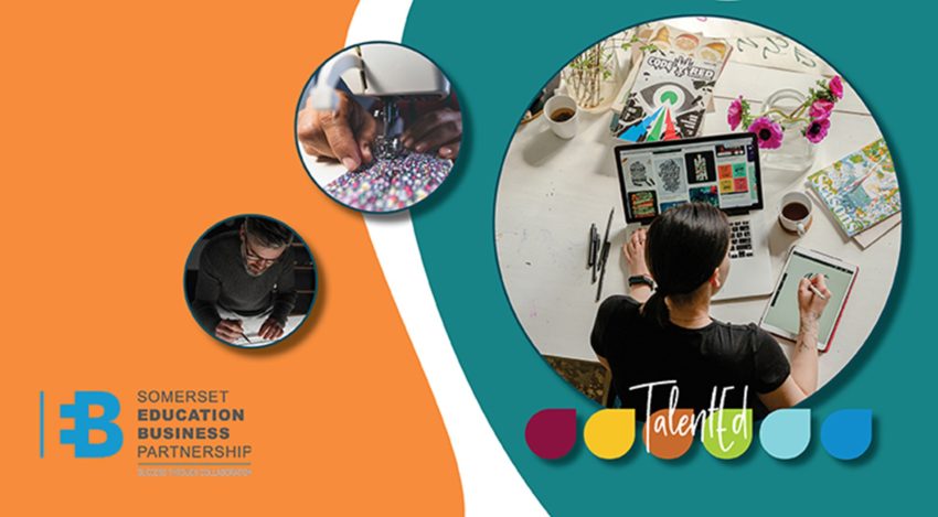 An image split into two down the centre wth a white curved line. The left hand side has an orange background with the logo for Somerset Education Business Partnership. The right has a young woman working on a laptop in a circle above the TalentEd logo. 